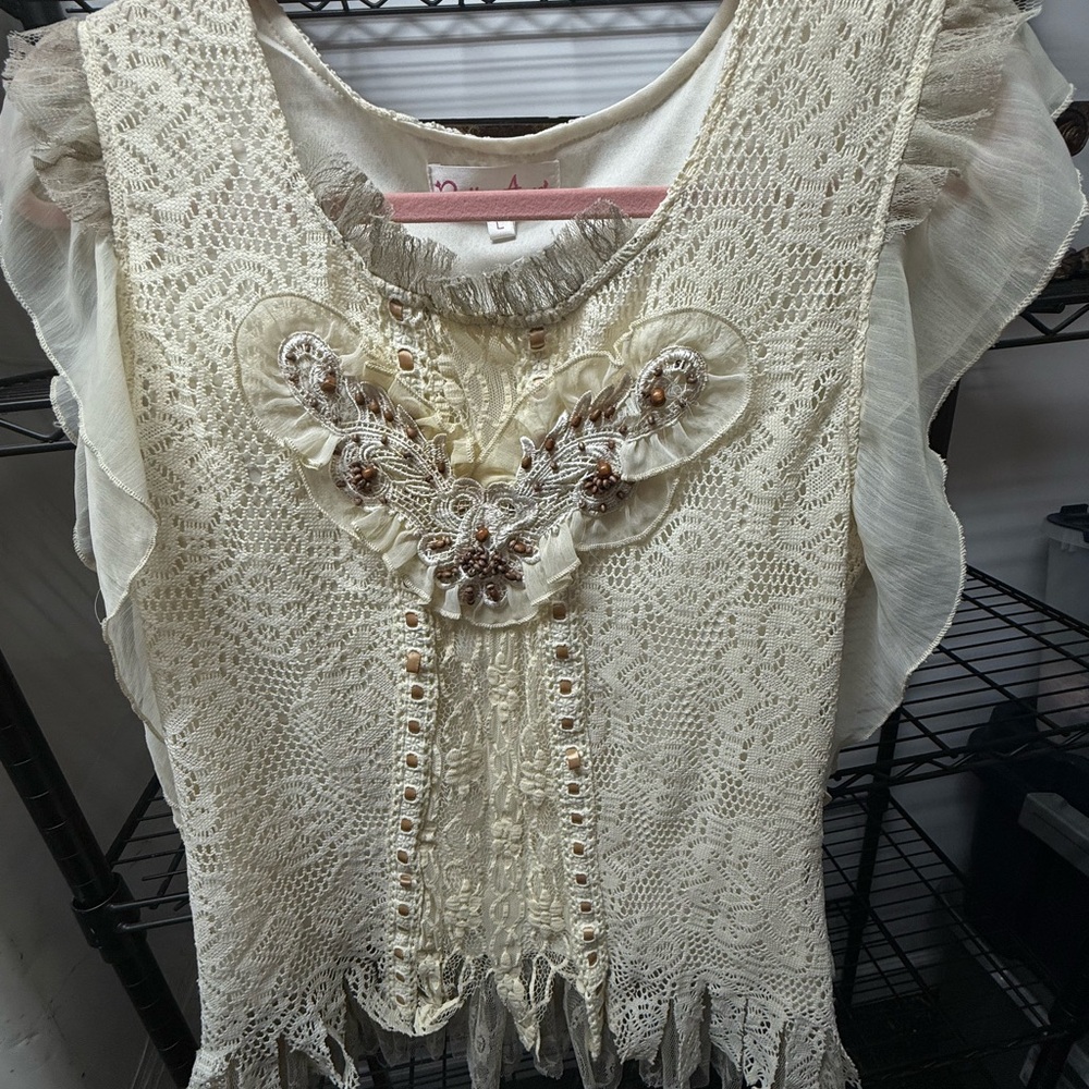 Pretty Angel Cream Lace Blouse with Beaded Accents